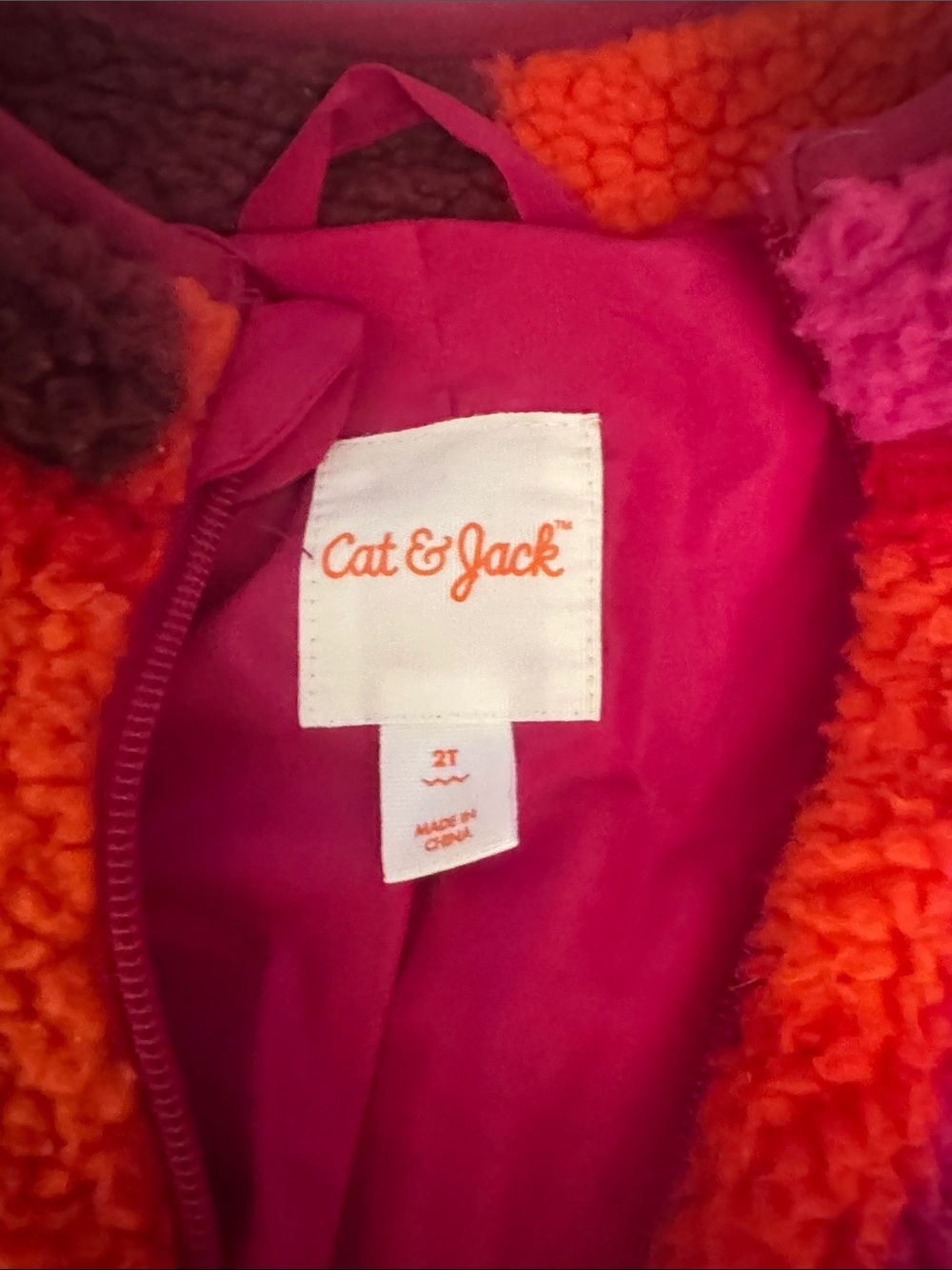 Cat & Jack Fuzzy Plaid Zip-Up Jacket in Pink, Orange & Dark Magenta - Picture 2 of 3